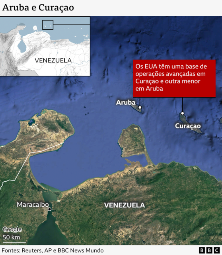 Mapa da situação geográfica de Aruba e Curaçao