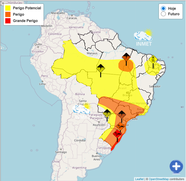 Inmet emitiu alerta vermelho para a região Sul e laranja para parte do Sul, Sudeste e Centro-Oeste
