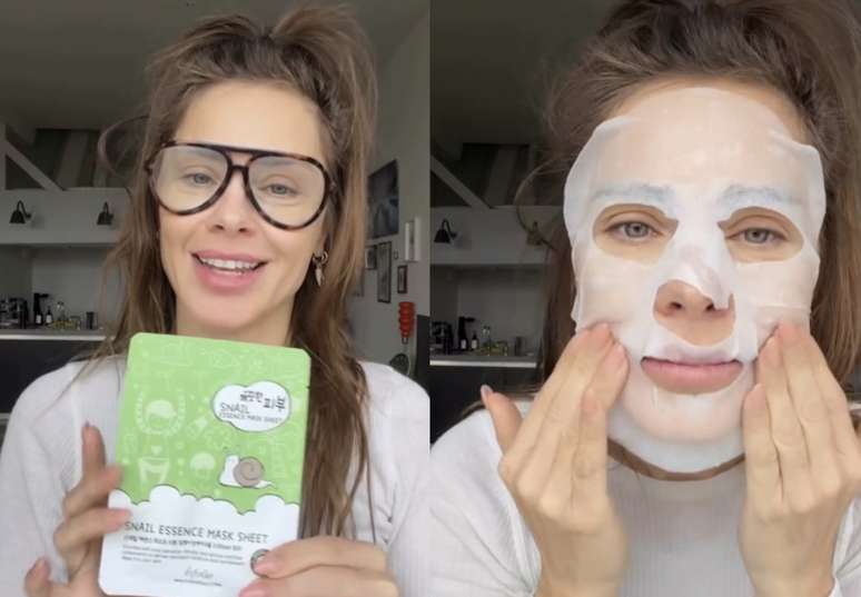 Carolina Dieckmann testa máscara de 'essência de lesma'