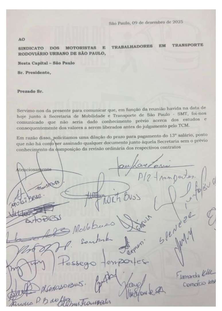 Na tarde desta terça, o sindicato recebeu um ofício dos empresários pedindo um novo prazo, sem definir uma data.