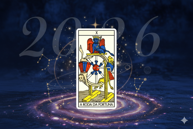 Imagem traz a carta A Roda da Fortuna ao centro, que é a Carta do Tarot de 2026