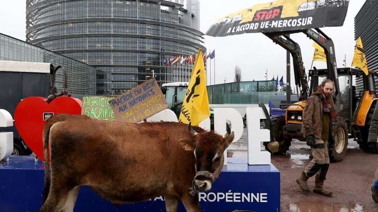 Agricultores franceses protestam contra o acordo de livre comércio do Mercosul com uma vaca em frente ao Parlamento Europeu, em Estrasburgo, em 24 de novembro de 2025.
