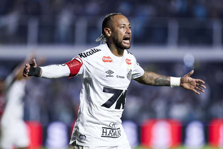 Neymar comemorando gol pelo Santos. 