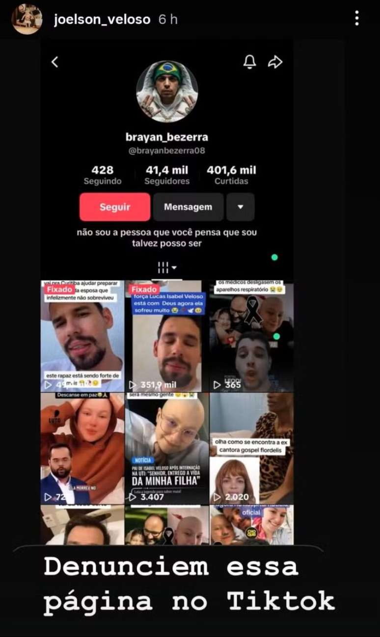 Joelson Veloso, pai da influenciadora Isabel Veloso, pediu ajuda para denunciar perfil que divulgou falsa morte da influenciadora