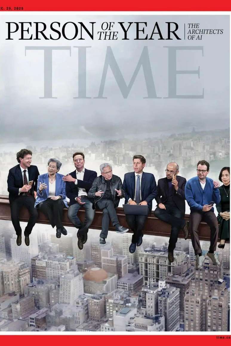 A capa faz refer&ecirc;ncia &agrave; cl&aacute;ssica fotografia de Nova York 'Lunch atop a Skyscraper' &mdash; mas com figuras da tecnologia no lugar dos oper&aacute;rios