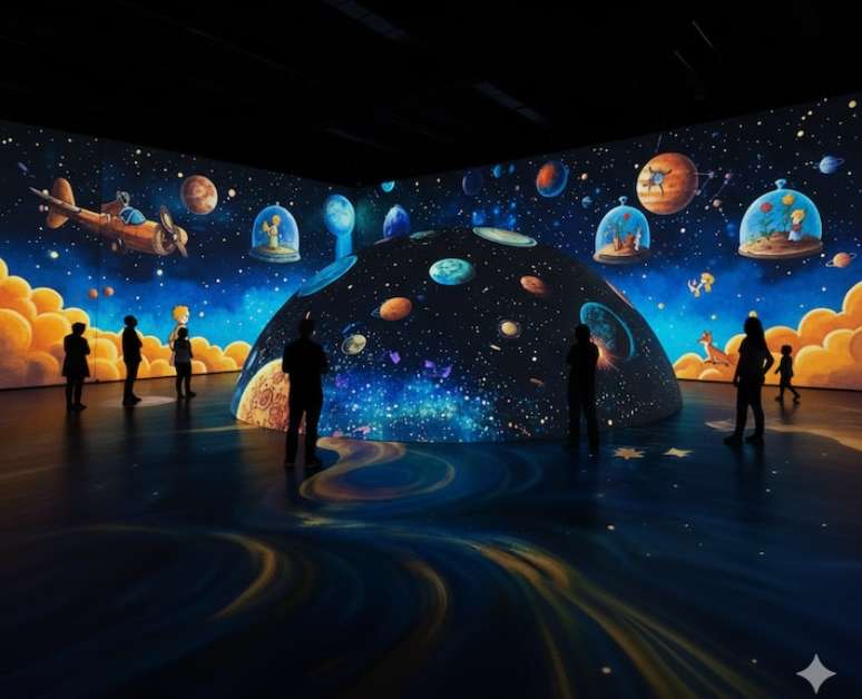 Imagem de 3D do projeto da sala imersiva da 'Exposição – O Pequeno Príncipe – 80 Anos'