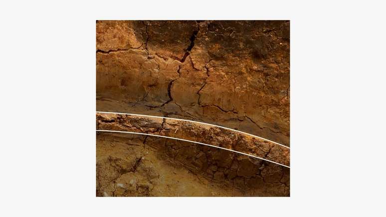 Esta camada veda o lodo arenoso amarelo em relação aos sedimentos do tanque abaixo, que contêm os restos de moluscos, pequenos vertebrados e pólen.