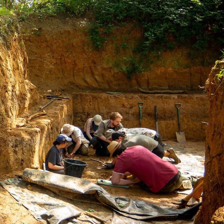 Os arqueólogos retiram lentamente as camadas de terra com ferramentas manuais