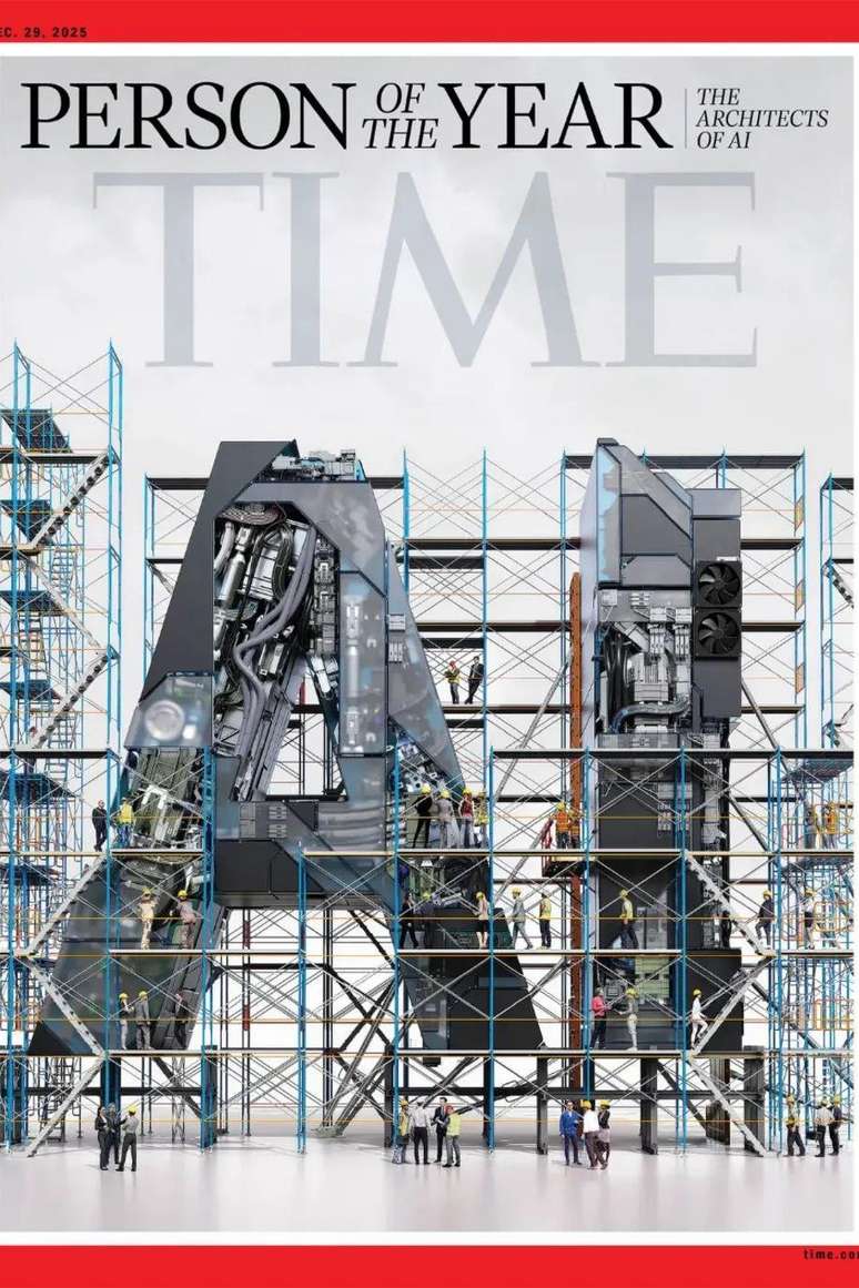 A outra capa da Time mostra as letras &ldquo;AI&rdquo;, com trabalhadores da constru&ccedil;&atilde;o ao redor. &Eacute; como se eles estivessem construindo uma est&aacute;tua gigante das letras usando pe&ccedil;as de computador.