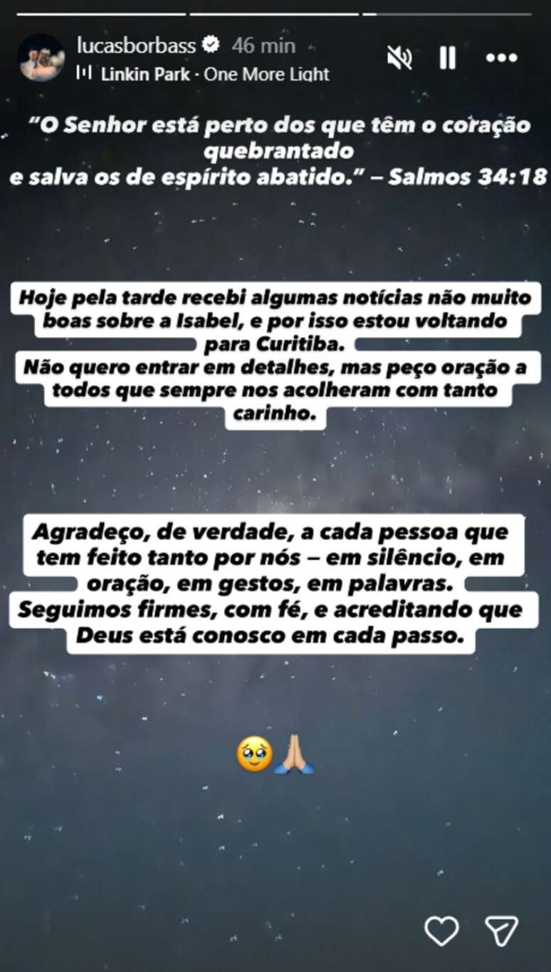 Lucas Borbas revelou piora no quadro de Isabel Veloso após notícias 'não muito boas' do hospital