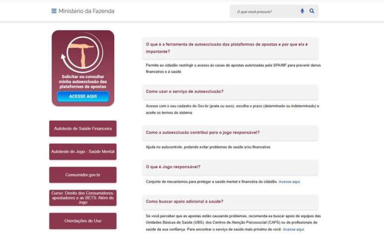 Acesso à plataforma de autoexclusão de sites de apostas ocorre pelo site do Ministério da Fazenda.