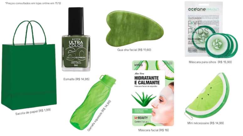 Ideias de produtos no tom verde para compor a sacola da confraterniza&ccedil;&atilde;o das cores