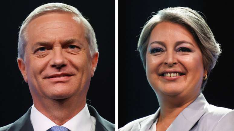 Fotomontagem com os candidatos a presid&ecirc;ncia do Chile, Jos&eacute; Antonio Kast e Jeannette Jara.
