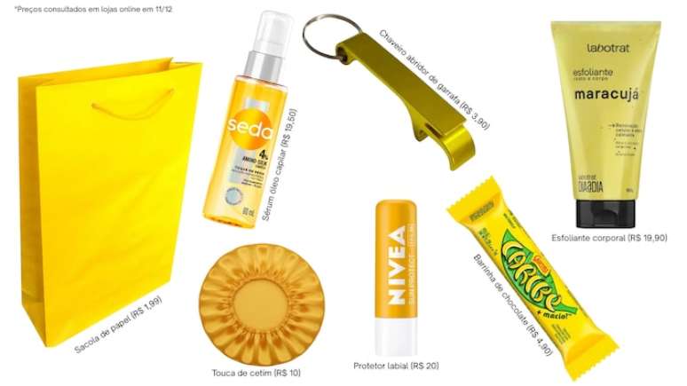 Itens amarelos que podem compor a sacola da confraterniza&ccedil;&atilde;o das cores