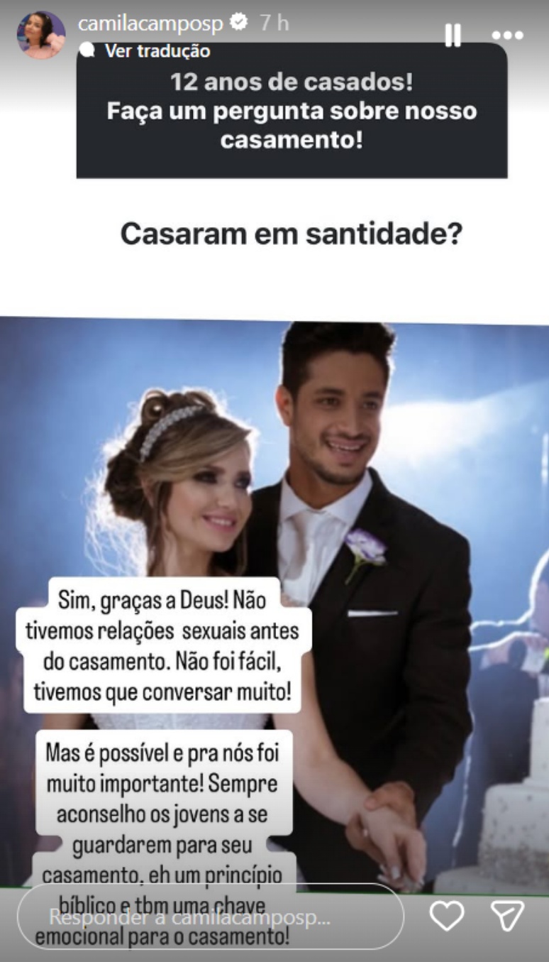 Publicação de Camila Campos sobre casamento com Léo Zagueiro