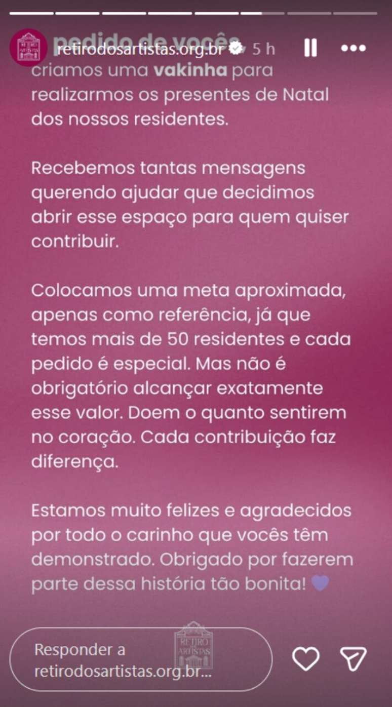 Postagem feita no perfil de Instagram do Retiro dos Artistas a respeito de 'vaquinha' para arrecadar doações para presentes de Natal