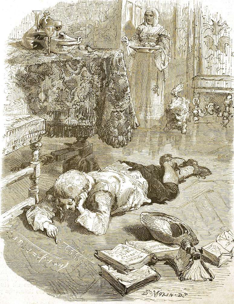 Reprodu&ccedil;&atilde;o hist&oacute;rica digitalmente restaurada de um original do s&eacute;culo 19, mostrando Blaise Pascal aos doze anos estudando matem&aacute;tica