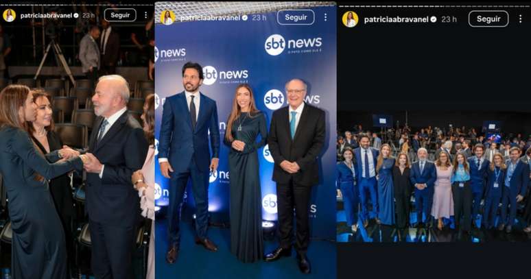 Patrícia Abravanel postou alguns momentos da festa do SBT News com a presença de autoridades do governo federal; ao centro, a artista entre o marido, Fábio Faria, e o vice-presidente Geraldo Alckmin