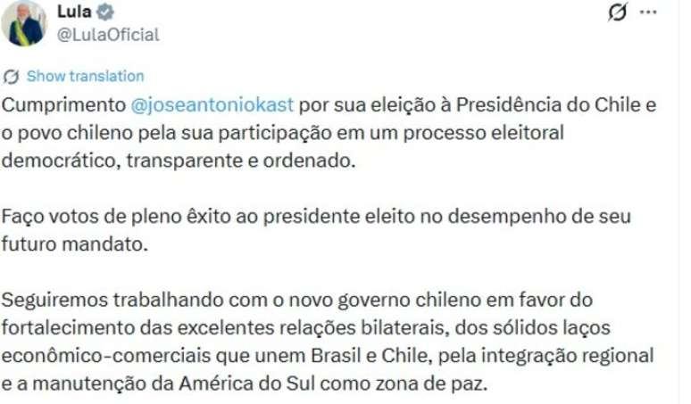 சிலியில் காஸ்ட் வெற்றி பெற்றதற்கு லூலா வாழ்த்து தெரிவித்தார்: 'புதிய அரசாங்கத்துடன் நாங்கள் தொடர்ந்து பணியாற்றுவோம்'.