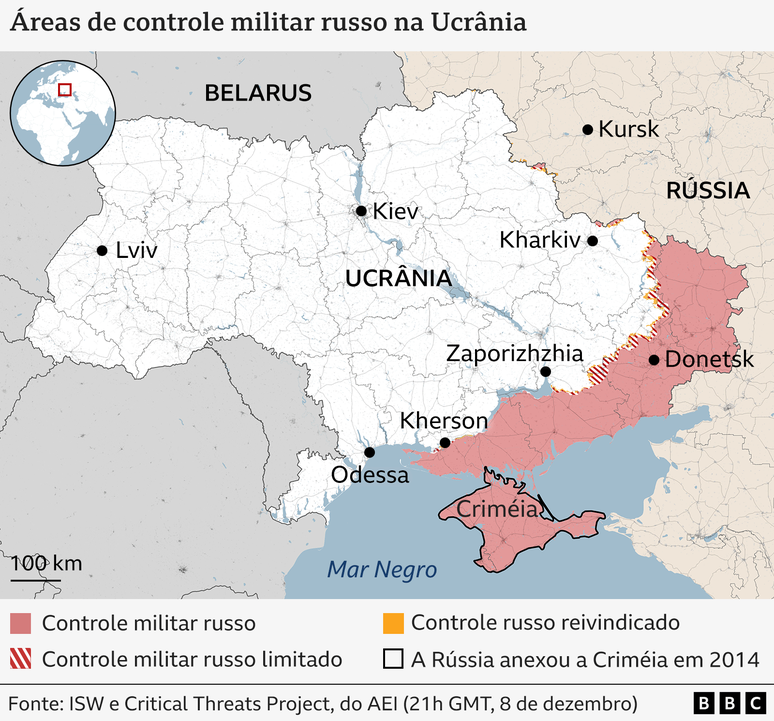 Mapa das &aacute;reas de controle militar russo na Ucr&acirc;nia