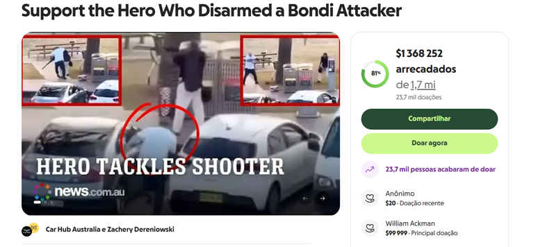 Vaquinha para homem que desarmou atirador na Austr&aacute;lia arrecadou R$ 7 milh&otilde;es em menos de 24 horas