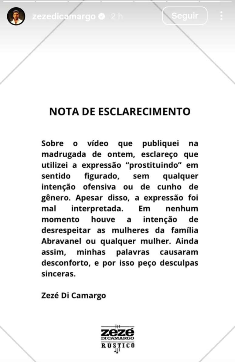 Zez&eacute; Di Camargo publicou nota de esclarecimento em seu perfil no Instagram
