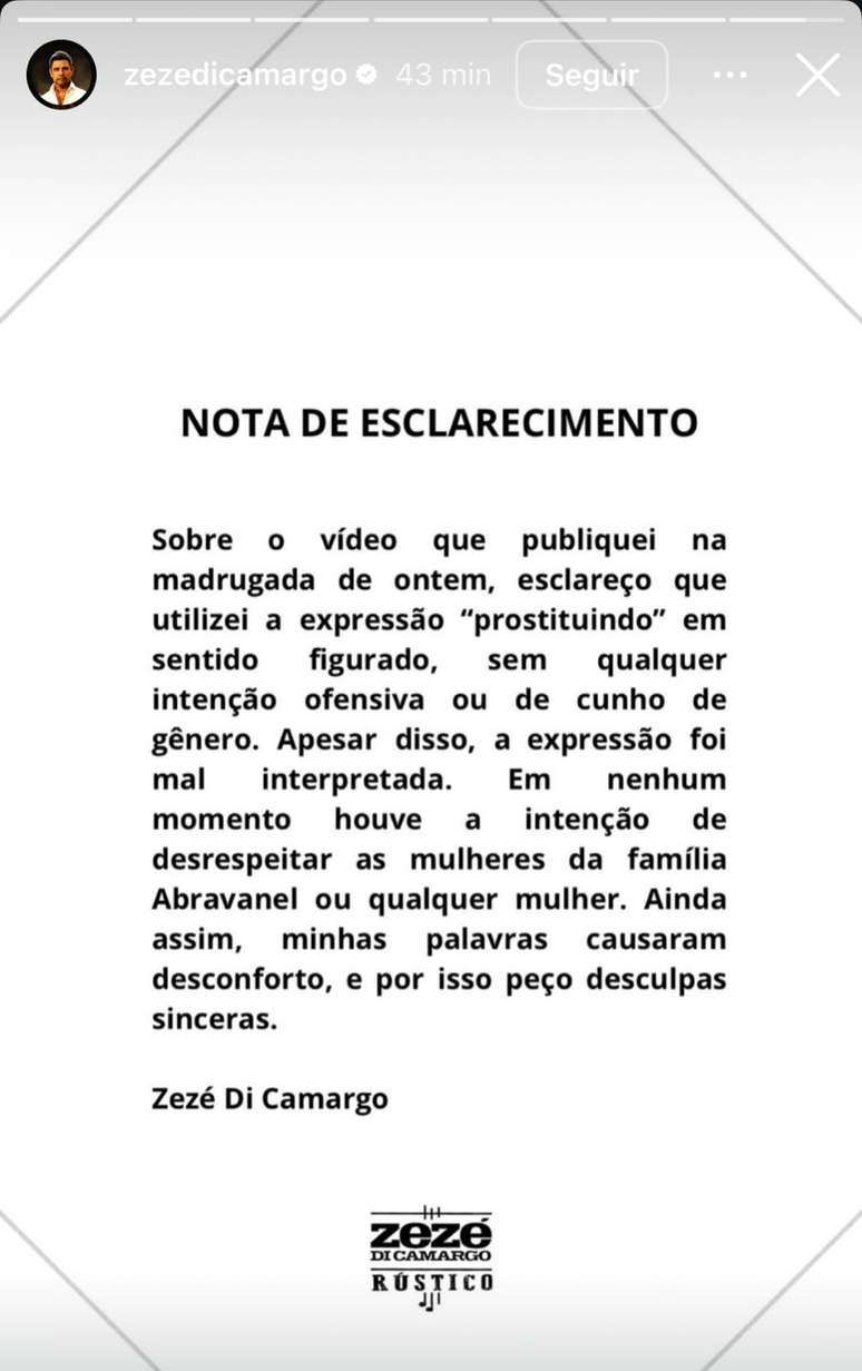 Zez&eacute; Di Camargo pede desculpas por meio das redes sociais