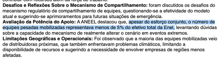 Trecho de documento da Aneel com resumo sobre reuni&atilde;o com as concession&aacute;rias aponta falhas no apoio externo &agrave; opera&ccedil;&atilde;o para reestabelecer a energia em SP