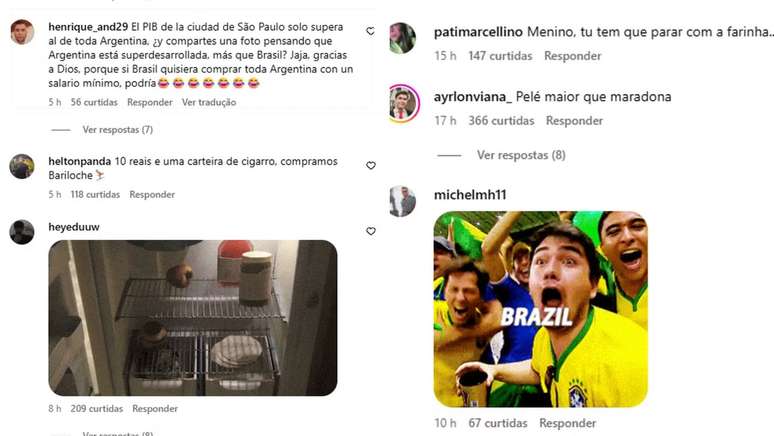 Coment&aacute;rios de brasileiros em post feito por Javier Milei, que mostrava Brasil como favela e Argentina futurista