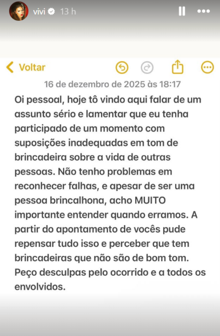 Pedido de desculpas de Vivi