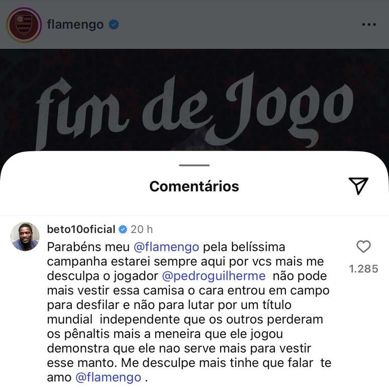 Beto, ex-jogador do Flamengo, critica o atacante Pedro nas redes sociais 