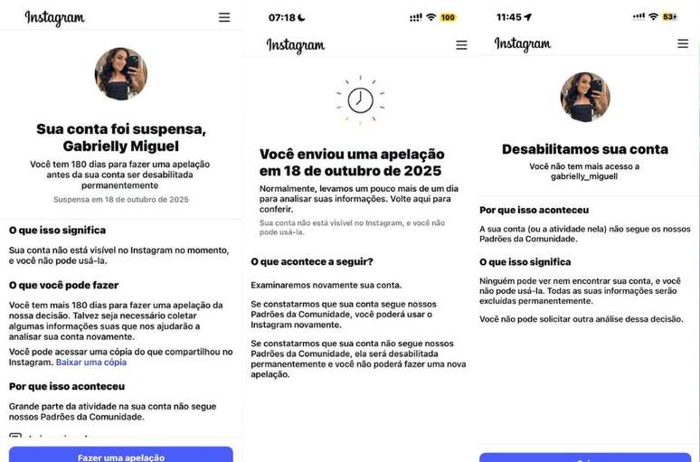 Meta desativou a conta de Gabrielly Miguel no Instagram sob a justificativa de que ela estaria infringindo as regras da comunidade