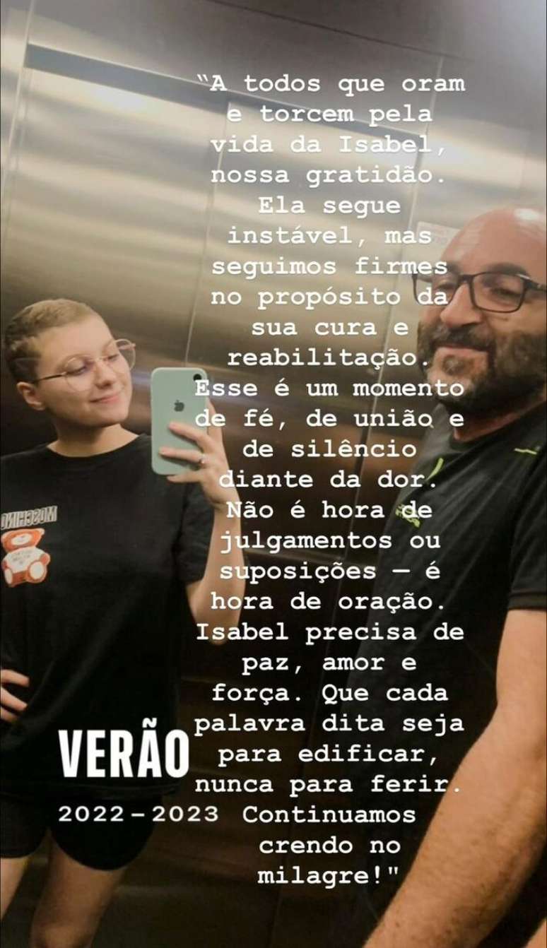 Pai de Isabel Veloso diz que quadro de sa&uacute;de da influenciadora &eacute; inst&aacute;vel