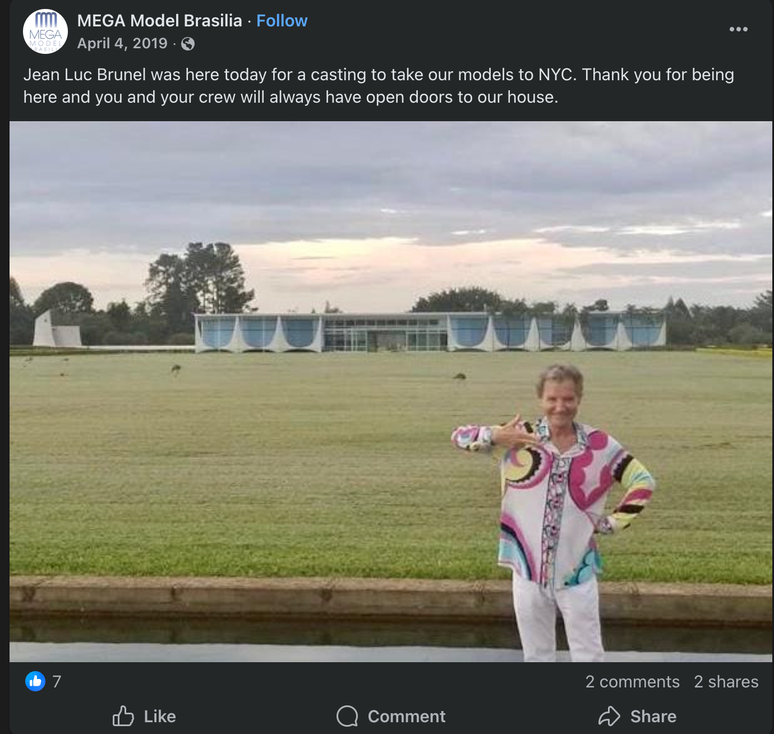 ஜீன்-லூக் புருனெல் பிரேசிலியாவுக்குச் சென்று மாடல்களை நியூயார்க்கிற்கு அழைத்துச் செல்ல ஆடிஷன் செய்தார் என்று ஒரு ஏஜென்சி வெளியீடு கூறுகிறது