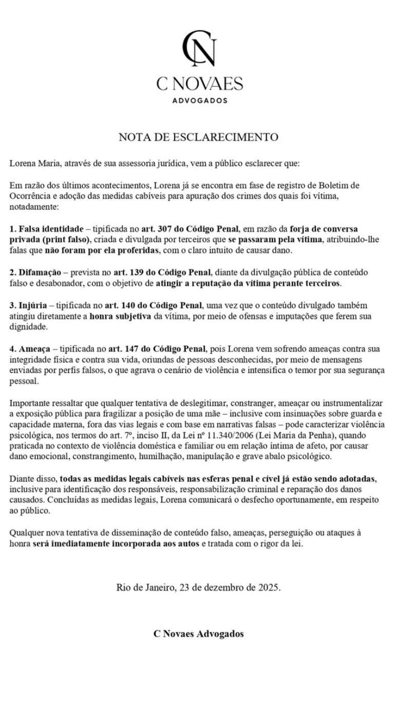 Equipe jur&iacute;dica de Lorena Maria se manifesta ap&oacute;s falas de MC Daniel