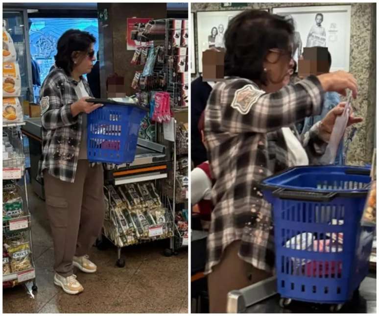 Roberta Miranda, irreconhec&iacute;vel, esvaziando a cestinha no caixa