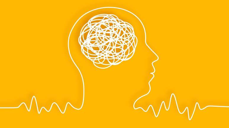 Ilustra&ccedil;&atilde;o em amarelo com o desenho de uma cabe&ccedil;a e um c&eacute;rebro feito de emaranhados. 