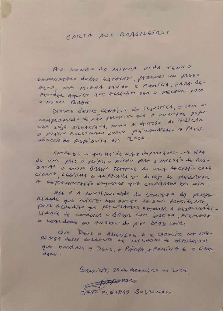 Carta do ex-presidente Jair Bolsonaro, com a indica&ccedil;&atilde;o de Fl&aacute;vio como pr&eacute;-candidato &agrave;s elei&ccedil;&otilde;es &agrave; presid&ecirc;ncia em 2026