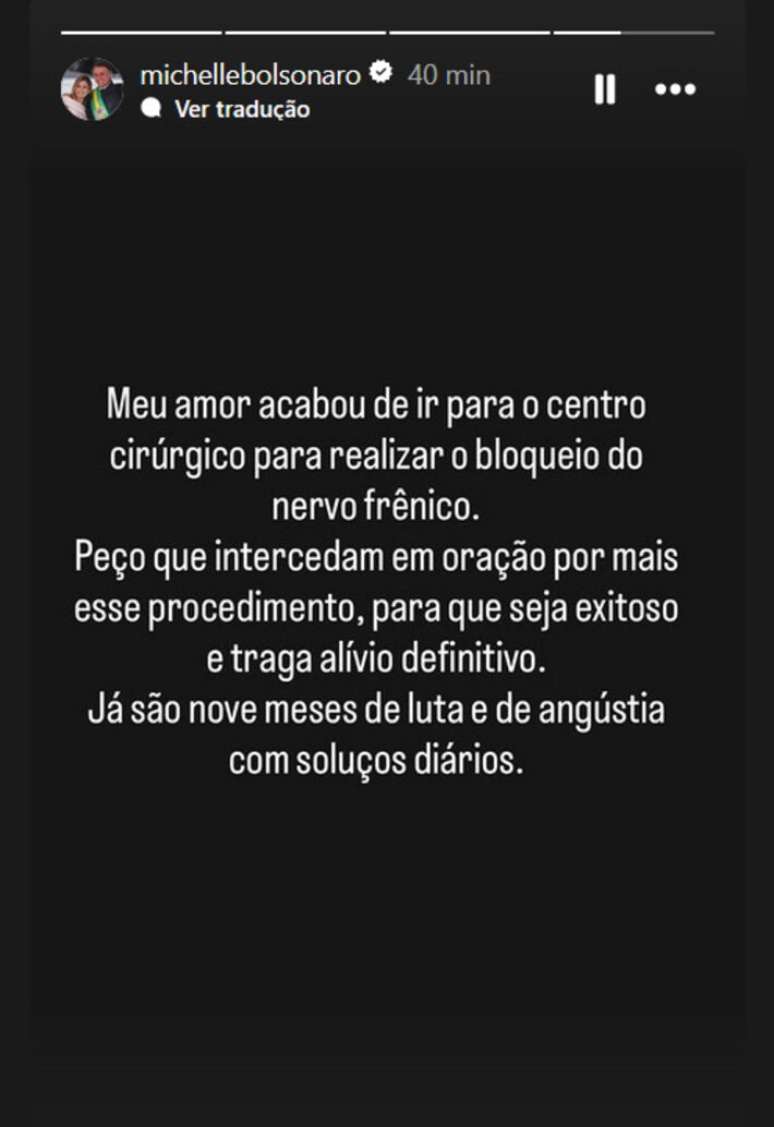 O ex-presidente Jair Bolsonaro passou por novo procedimento para tratar crise de solu&ccedil;os, segundo mensagem da ex-primeira-dama Michelle Bolsonaro no Instagram.