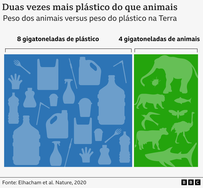 Em 2020, havia o dobro de pl&aacute;stico produzido pelo homem no mundo do que animais vivos, de acordo com um estudo publicado na revista Nature