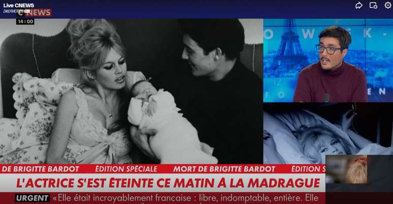 Nas homenagens a Bardot, o canal franc&ecirc;s CNews mostrou a &uacute;nica foto conhecida dela com o filho, Nicolas