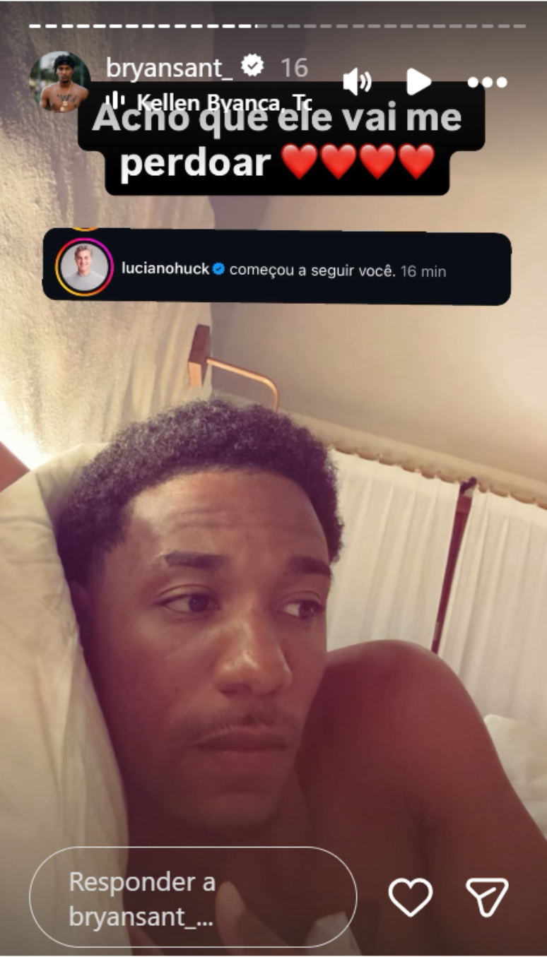 Bryan revelou que, ap&oacute;s a divulga&ccedil;&atilde;o do v&iacute;deo, passou a ser seguido por Luciano Huck nas redes sociais e brincou: &ldquo;Acho que ele vai me perdoar&rdquo;.