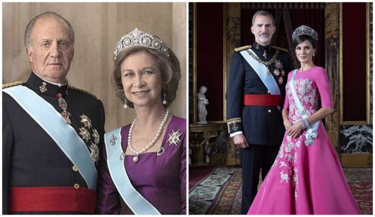 A rainha em&eacute;rita Sofia com o marido, o problem&aacute;tico rei em&eacute;rito Juan Carlos; ao lado, o filho deles, rei Filipe VI e a rainha Letizia, vista como inimiga da sogra