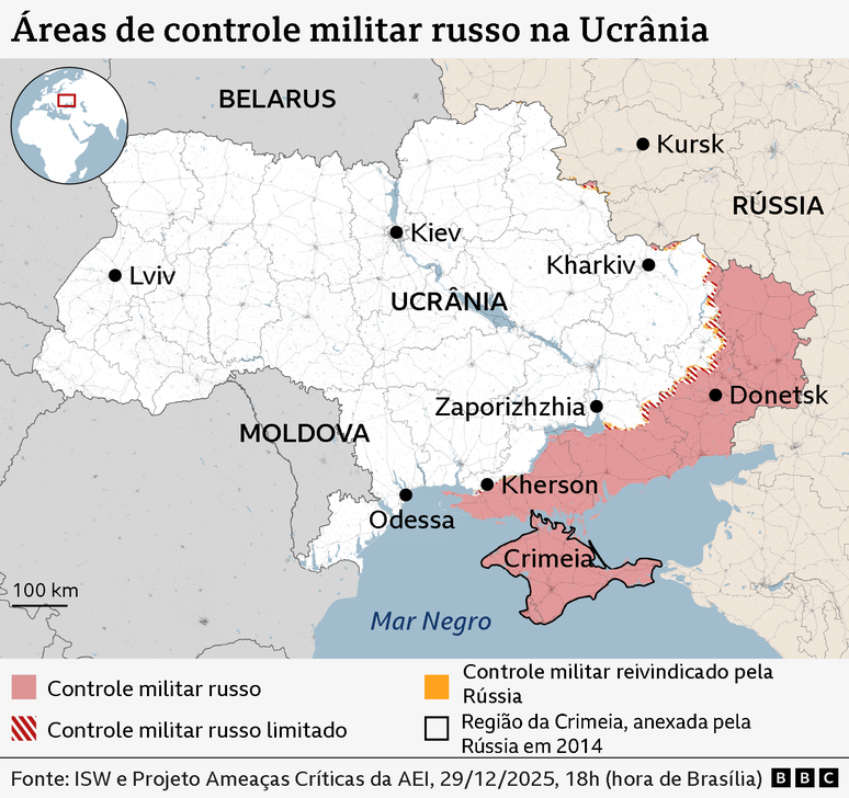 Mapa mostrando quais &aacute;reas da Ucr&acirc;nia est&atilde;o sob controle militar russo total ou limitado