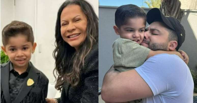 Leo, filho de Mar&iacute;lia Mendon&ccedil;a, ao lado da av&oacute;, Ruth, e do pai, Murilo Huff.