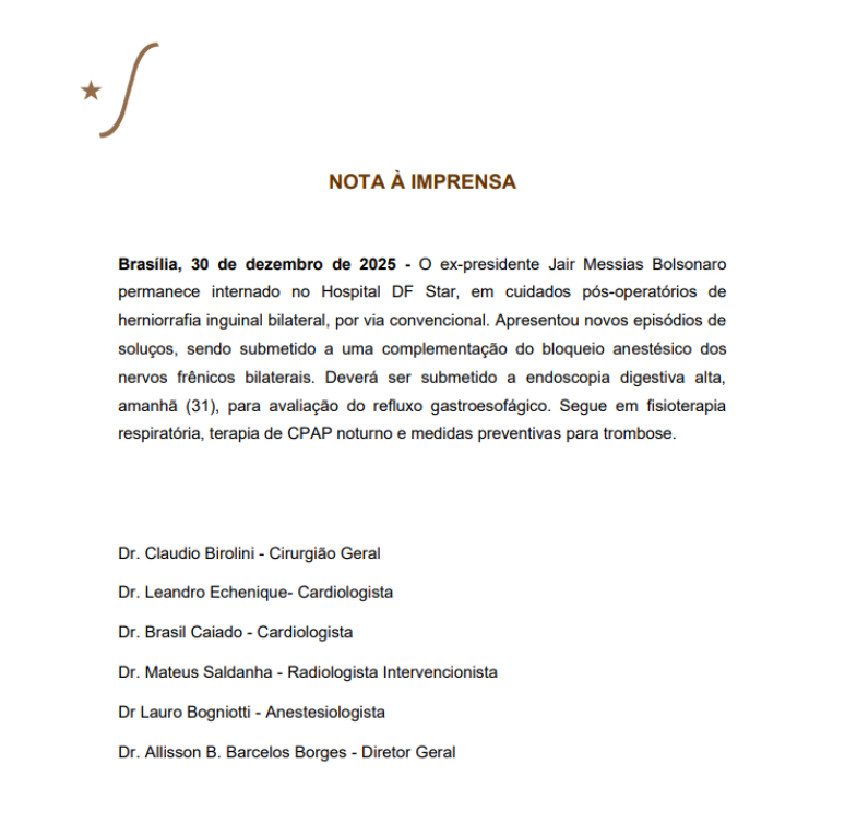 Boletim m&eacute;dico de Jair Bolsonaro (PL) desta ter&ccedil;a-feira, 30