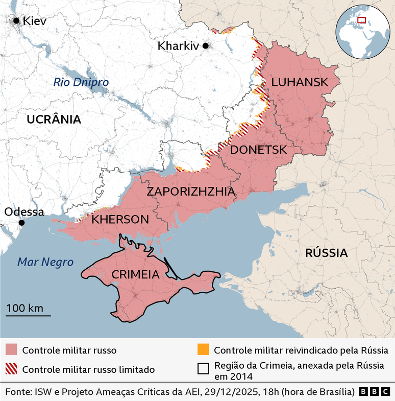 Mapa mostrando a ocupa&ccedil;&atilde;o russa no leste da Ucr&acirc;nia