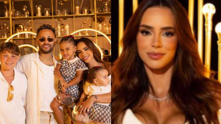 Bruna Biancardi com Neymar, filhas Mavie e Mel, e enteado Davi Lucca
