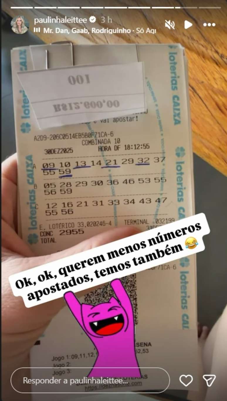 Paulinha Leite, ex-BBB, afirma que acertou a quina da Mega da Virada com uma segunda aposta, com 10 n&uacute;meros.