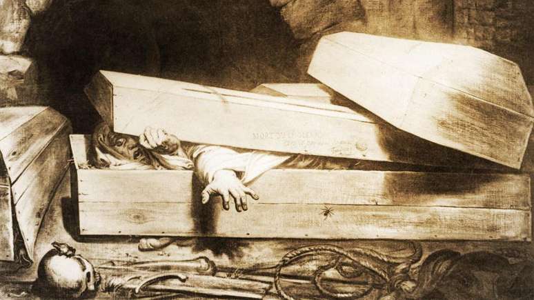 A possibilidade de ser enterrado vivo aterrorizou muitas pessoas por s&eacute;culos, como o primeiro presidente americano George Washington (1732-1799), o escritor Hans Christian Andersen (1805-1875) e o compositor Fr&eacute;d&eacute;ric Chopin (1810-1849). Na foto, o quadro O Enterro Prematuro, do artista belga Antoine Wiertz (1806-1865).